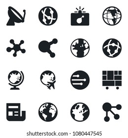 Set of vector isolated black icon - satellite antenna vector, bomb in case, globe, plane, earth, consolidated cargo, network, share, news, social media