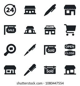 Set of vector isolated black icon - 24 around vector, pen, store, search cargo, sale, sold signboard, cafe building, open close, cart, storefront