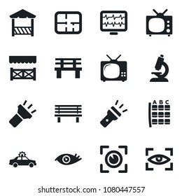 Set of vector isolated black icon - alarm car vector, seat map, bench, monitor pulse, microscope, eye, torch, plan, tv, alcove, scan