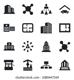 Set of vector isolated black icon - hierarchy vector, well, molecule, hospital, office building, garage, plan