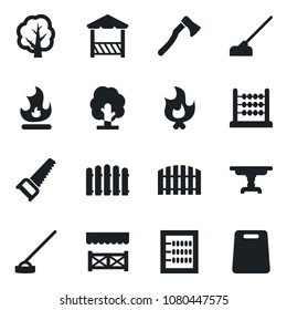 Set of vector isolated black icon - fence vector, tree, saw, fire, hoe, axe, abacus, table, alcove, cutting board