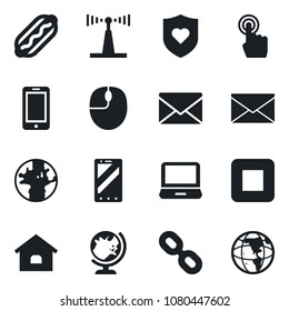 Set of vector isolated black icon - globe vector, mobile phone, mail, mouse, heart shield, earth, antenna, touch screen, laptop pc, chain, stop button, house, hot dog