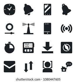 Set of vector isolated black icon - mobile phone vector, antenna, cell, clock, stopwatch, bell, mail, data exchange, download, brightness, compass, face id, wireless, home message