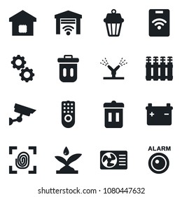 Set of vector isolated black icon - smart home vector, fingerprint, remote control, irrigation, air conditioner, gear, radiator, outdoor lamp, garage gate, trash bin, pass card, surveillance