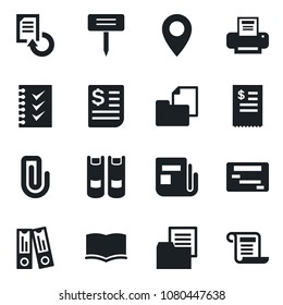 Set of vector isolated black icon - book vector, office binder, document reload, plant label, pin, receipt, folder, news, paper clip, checklist, printer, restaurant, schedule, contract