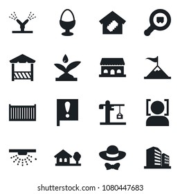 Set of vector isolated black icon - important flag vector, cargo container, search, face id, house with tree, smart home, crane, egg stand, cafe building, dress code, alcove, irrigation, sprinkler