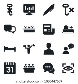 Set of vector isolated black icon - dispatcher vector, baggage conveyor, bed, pen, meeting, statistic monitor, seedling, no hook, dialog, speaker, user, calendar, news, eye scan