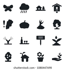Set of vector isolated black icon - flower in pot vector, tree, sproute, butterfly, rain, plant label, pumpkin, bird house, with, fruit, alcohol, eco, irrigation, smoke detector, palm