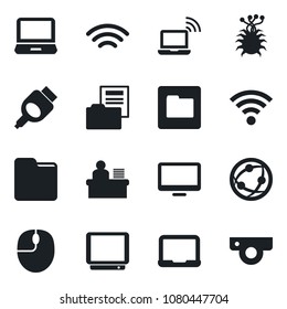 Set of vector isolated black icon - wireless notebook vector, mouse, pc, virus, tv, network, monitor, laptop, hdmi, folder, document, manager desk, web camera