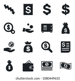 Set of vector isolated black icon - safe vector, dollar sign, money bag, crisis graph, cash, receipt, wallet, search, investment