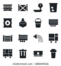 Set of vector isolated black icon - trash bin vector, bucket, watering, railroad, truck trailer, container, consolidated cargo, package, oil barrel, heavy scales, water filter