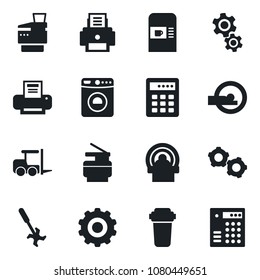 Set of vector isolated black icon - coffee machine vector, washer, fork loader, gear, ripper, tomography, printer, copier, water filter, combination lock