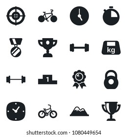 Set of vector isolated black icon - medal vector, barbell, bike, heavy, clock, stopwatch, target, mountains, pedestal, award cup