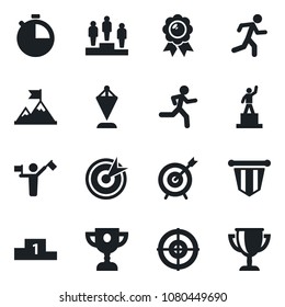 Set of vector isolated black icon - dispatcher vector, pedestal, pennant, medal, run, stopwatch, target, motivation, award cup