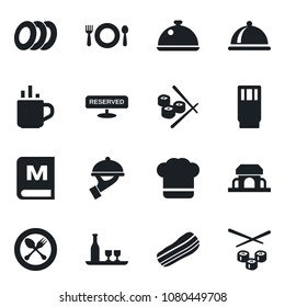 Set of vector isolated black icon - hot cup vector, spoon and fork, dish, alcohol, cafe, cook hat, menu, reserved, drink, plates, bacon, waiter, building, sushi