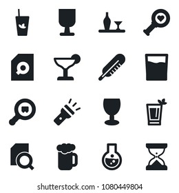 Set of vector isolated black icon - thermometer vector, heart diagnostic, fragile, search cargo, torch, document, alcohol, drink, cocktail, phyto bar, beer, flask, sand clock
