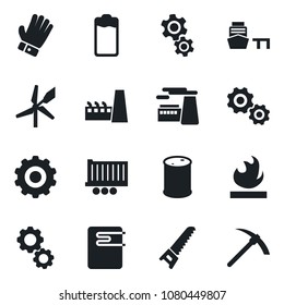 Set of vector isolated black icon - gear vector, factory, glove, saw, truck trailer, sea port, flammable, oil barrel, battery, water heater, windmill, hard work