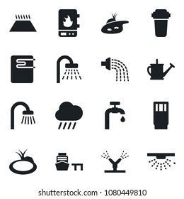 Set of vector isolated black icon - shower vector, watering can, rain, pond, sea port, water supply, bathroom, drink, irrigation, heater, filter, warm floor, sprinkler