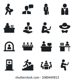 Set of vector isolated black icon - reception vector, medical room, manager place, client, speaker, desk, meeting, career ladder, waiter, dress code, man with notebook