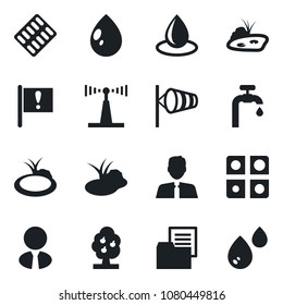 Set of vector isolated black icon - wind vector, water drop, pond, pills blister, important flag, folder document, antenna, application, supply, fruit tree, estate agent