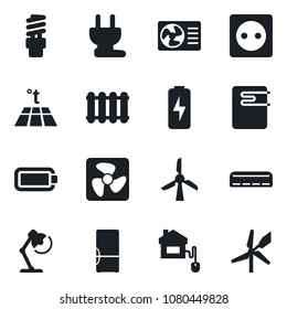 Set of vector isolated black icon - battery vector, charge, desk lamp, air conditioner, fridge, home control, socket, power plug, fan, water heater, radiator, warm floor, energy saving bulb