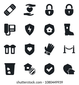 Set of vector isolated black icon - fence vector, trash bin, lock, glove, boot, patch, heart shield, hand, protect, estate insurance, intercome, water filter, home