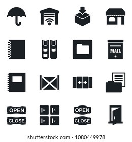 Set of vector isolated black icon - automatic door vector, shop, checkroom, container, umbrella, package, folder, copybook, document, book, mailbox, open close, garage gate control
