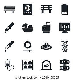 Set of vector isolated black icon - ticket office vector, passport, luggage storage, statistic monitor, bench, dropper, traffic light, low battery, brightness, copier, serviette, salad, open close