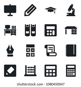 Set of vector isolated black icon - book vector, calculator, graduate, desk, notepad, pencil, contract, microscope, notes, presentation board, abacus, ink pen