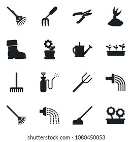 Set of vector isolated black icon - garden fork vector, farm, rake, watering can, sproute, pruner, boot, seedling, hoe, sprayer, flower in pot