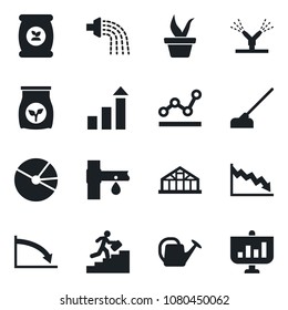 Set of vector isolated black icon - growth statistic vector, seedling, watering can, hoe, greenhouse, fertilizer, drip irrigation, pie graph, point, career ladder, crisis, presentation