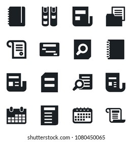 Set of vector isolated black icon - document search vector, notepad, calendar, folder, news, copybook, book, schedule, contract