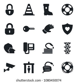 Set of vector isolated black icon - security gate vector, border cone, glove, boot, hose, heart shield, traffic light, lock, key, intercome, home protect, surveillance, crisis management