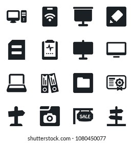Set of vector isolated black icon - office binder vector, document, pulse clipboard, monitor, folder, notes, photo gallery, presentation board, notebook pc, sale, pass card, certificate, guidepost