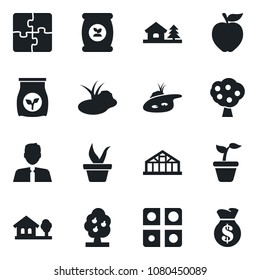 Set of vector isolated black icon - seedling vector, greenhouse, pond, fertilizer, application, house with tree, fruit, estate agent, apple, money bag