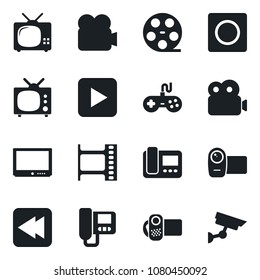 Set of vector isolated black icon - film frame vector, reel, gamepad, tv, video camera, play button, rewind, record, intercome, surveillance