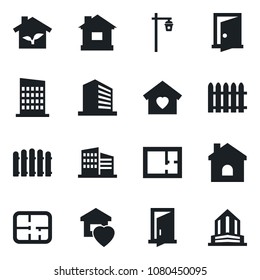 Set of vector isolated black icon - office building vector, fence, house, garden light, plan, sweet home, city, eco, door