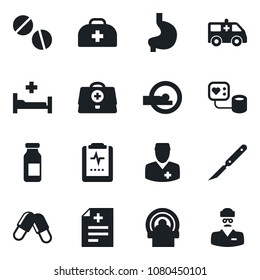 Set of vector isolated black icon - doctor case vector, diagnosis, blood pressure, pills, ampoule, scalpel, tomography, ambulance car, hospital bed, stomach, pulse clipboard