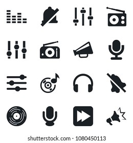 Set of vector isolated black icon - vinyl vector, radio, loudspeaker, settings, equalizer, microphone, headphones, fast forward, tuning, mute, music, advertising
