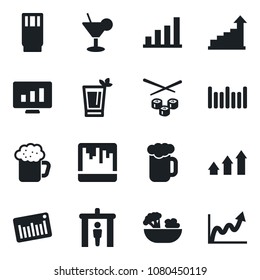 Set of vector isolated black icon - security gate vector, growth statistic, monitor, barcode, scanner, bar graph, drink, cocktail, phyto, beer, salad, sushi, arrow up