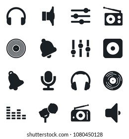 Set of vector isolated black icon - vinyl vector, microphone, radio, speaker, settings, equalizer, headphones, rec button, tuning, bell, sound