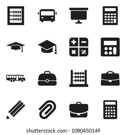 Set of vector isolated black icon - airport bus vector, calculator, graduate, presentation board, case, paper clip, abacus, pencil