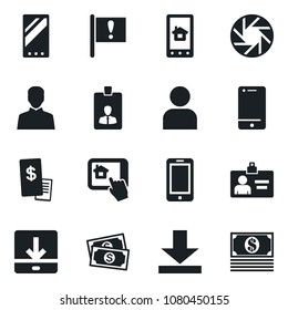 Set of vector isolated black icon - mobile phone vector, identity card, important flag, cash, cell, camera, user, download, restaurant receipt, home control app