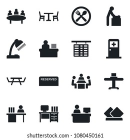Set of vector isolated black icon - cafe vector, baby room, flight table, medical, desk, meeting, manager place, picnic, lamp, restaurant, reserved, serviette