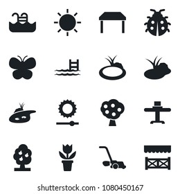 Set of vector isolated black icon - flower in pot vector, lawn mower, butterfly, lady bug, sun, pond, brightness, pool, fruit tree, table, restaurant, alcove