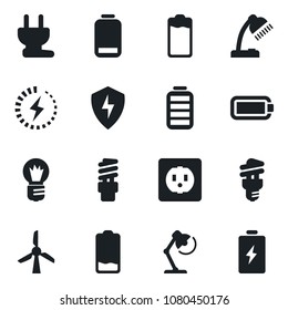 Set of vector isolated black icon - bulb vector, battery, low, protect, charge, desk lamp, socket, power plug, energy saving, windmill