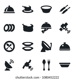Set of vector isolated black icon - satellite antenna vector, spoon and fork, dish, plates, waiter, chicken, kebab, bowl