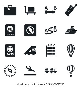 Set of vector isolated black icon - suitcase vector, arrival, baggage trolley, passport, larry, ladder car, seat map, sea shipping, route, compass, air balloon
