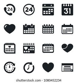 Set of vector isolated black icon - 24 around vector, calendar, heart, medical, hours, clock, schedule