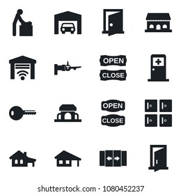 Set of vector isolated black icon - automatic door vector, baby room, boarding, medical, checkroom, house with garage, key, cafe building, open close, gate control